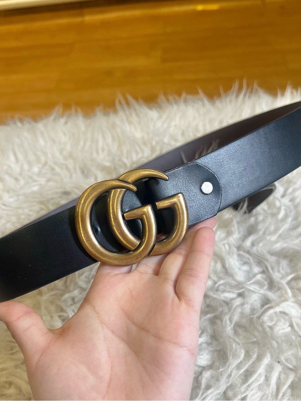 Black Leather Belt with Antique Gold Double G Buckle